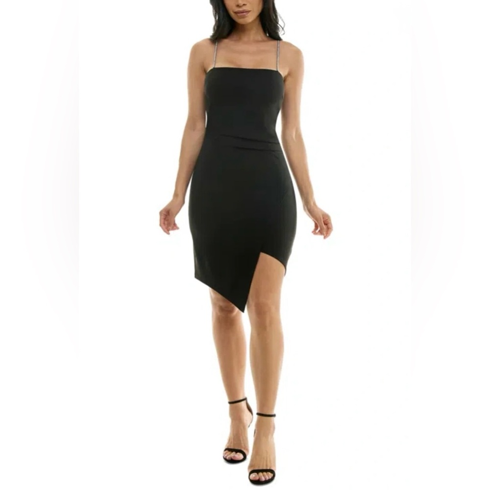 New Emerald Sundae Juniors' Rhinestone-Strap Bodycon Black Dress